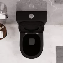 HD Dream Matt Black perem nélküli mély öblítésű íves fekete monoblokkos WC hátsó kifolyású compact "A" tetővel és fényes króm kiegészítőkkel + tartály