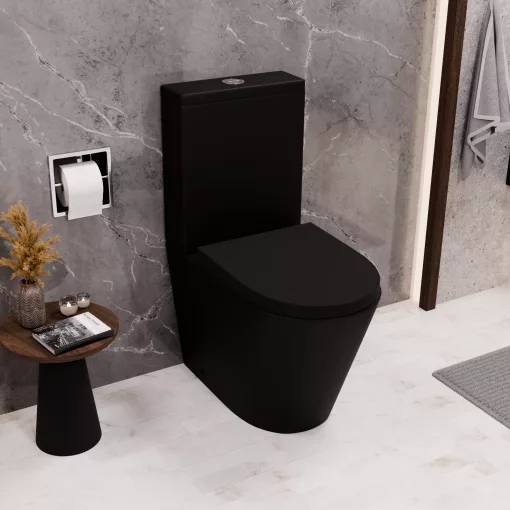 HD Dream Matt Black perem nélküli mély öblítésű íves fekete monoblokkos WC alsó kifolyású compact "A" tetővel és fényes króm kiegészítőkkel + tartály