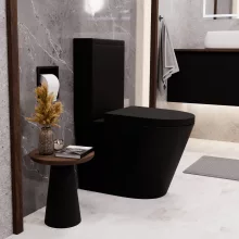 HD Dream Matt Black perem nélküli mély öblítésű íves fekete monoblokkos WC alsó kifolyású compact "A" tetővel és fényes króm kiegészítőkkel + tartály