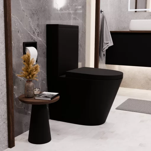 HD Dream Matt Black perem nélküli mély öblítésű íves fekete monoblokkos WC alsó kifolyású compact "A" tetővel és fényes króm kiegészítőkkel + tartály