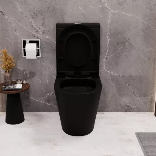 HD Dream Matt Black perem nélküli mély öblítésű íves fekete monoblokkos WC alsó kifolyású compact "A" tetővel és fényes króm kiegészítőkkel + tartály