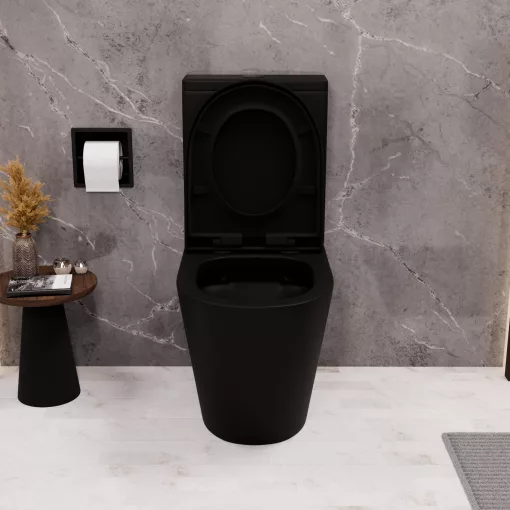 HD Dream Matt Black perem nélküli mély öblítésű íves fekete monoblokkos WC hátsó kifolyású compact "A" tetővel és matt fekete kiegészítőkkel + tartály