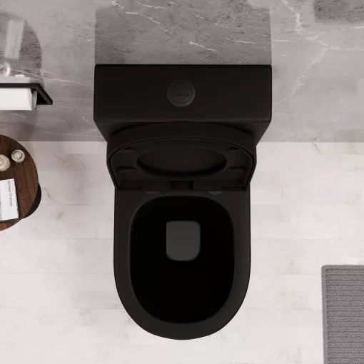 HD Dream Matt Black perem nélküli mély öblítésű íves fekete monoblokkos WC hátsó kifolyású compact "A" tetővel és matt fekete kiegészítőkkel + tartály