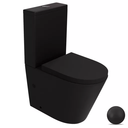 HD Dream Matt Black perem nélküli mély öblítésű íves fekete monoblokkos WC alsó kifolyású compact "A" tetővel és matt fekete kiegészítőkkel + tartály