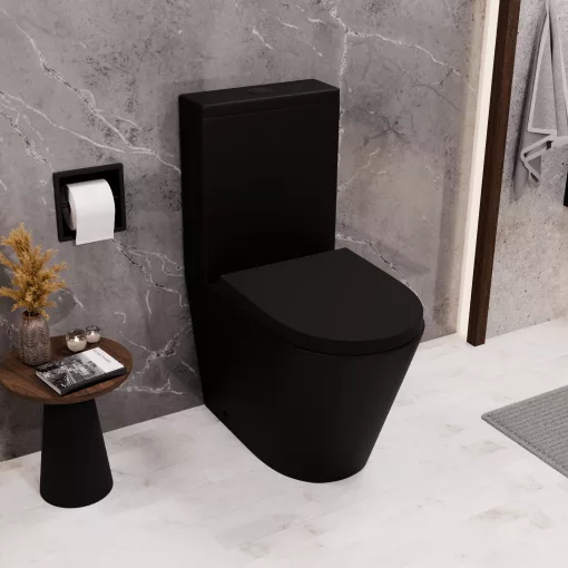 HD Dream Matt Black perem nélküli mély öblítésű íves fekete monoblokkos WC alsó kifolyású compact "A" tetővel és matt fekete kiegészítőkkel + tartály