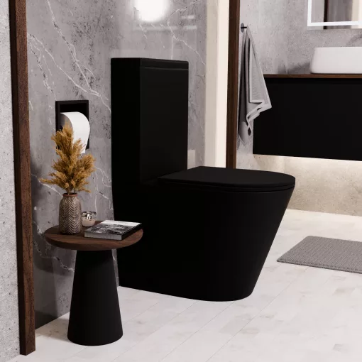 HD Dream Matt Black perem nélküli mély öblítésű íves fekete monoblokkos WC alsó kifolyású compact "A" tetővel és matt fekete kiegészítőkkel + tartály