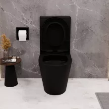 HD Dream Matt Black perem nélküli mély öblítésű íves fekete monoblokkos WC alsó kifolyású compact "A" tetővel és matt fekete kiegészítőkkel + tartály