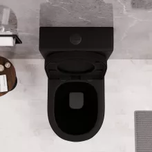 HD Dream Matt Black perem nélküli mély öblítésű íves fekete monoblokkos WC alsó kifolyású compact "A" tetővel és matt fekete kiegészítőkkel + tartály