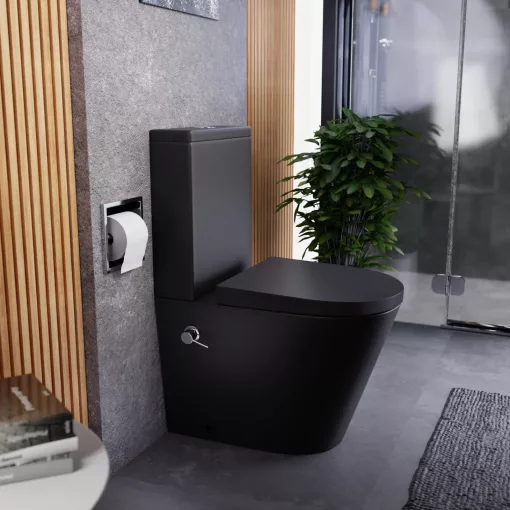 HD Echo Matt Black perem nélküli mély öblítésű íves monoblokkos WC hátsó kifolyású, bidé funkcióval, compact "A" tetővel és krómozott kiegészítőkkel + tartály