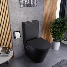 HD Echo Matt Black perem nélküli mély öblítésű íves monoblokkos WC alsó kifolyású, bidé funkcióval, compact "A" tetővel és krómozott kiegészítőkkel + tartály
