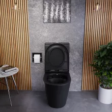 HD Echo Matt Black perem nélküli mély öblítésű íves monoblokkos WC alsó kifolyású, bidé funkcióval, compact "A" tetővel és krómozott kiegészítőkkel + tartály