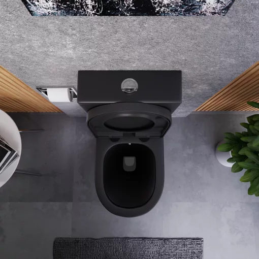 HD Echo Matt Black perem nélküli mély öblítésű íves monoblokkos WC alsó kifolyású, bidé funkcióval, compact "A" tetővel és krómozott kiegészítőkkel + tartály