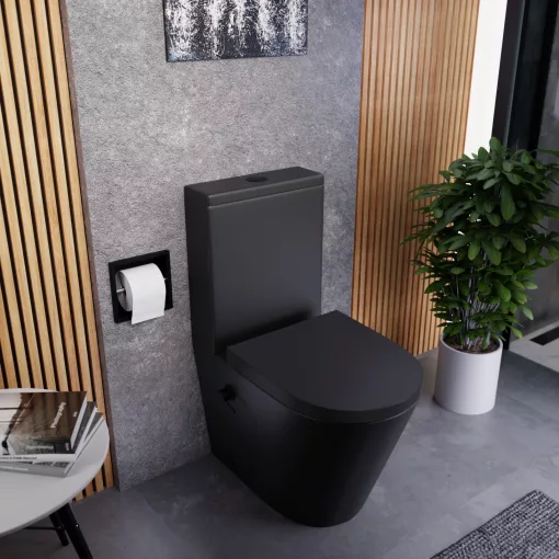 HD Echo Matt Black perem nélküli mély öblítésű íves monoblokkos WC hátsó kifolyású, bidé funkcióval, compact "A" tetővel és matt fekete kiegészítőkkel + tartály
