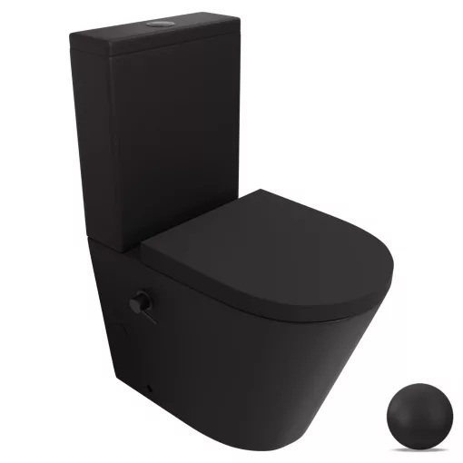 HD Echo Matt Black perem nélküli mély öblítésű íves monoblokkos WC alsó kifolyású, bidé funkcióval, compact "A" tetővel és matt fekete kiegészítőkkel + tartály