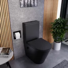 HD Echo Matt Black perem nélküli mély öblítésű íves monoblokkos WC alsó kifolyású, bidé funkcióval, compact "A" tetővel és matt fekete kiegészítőkkel + tartály