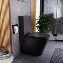 HD Echo Matt Black perem nélküli mély öblítésű íves monoblokkos WC alsó kifolyású, bidé funkcióval, compact "A" tetővel és matt fekete kiegészítőkkel + tartály