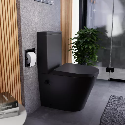 HD Echo Matt Black perem nélküli mély öblítésű íves monoblokkos WC alsó kifolyású, bidé funkcióval, compact "A" tetővel és matt fekete kiegészítőkkel + tartály