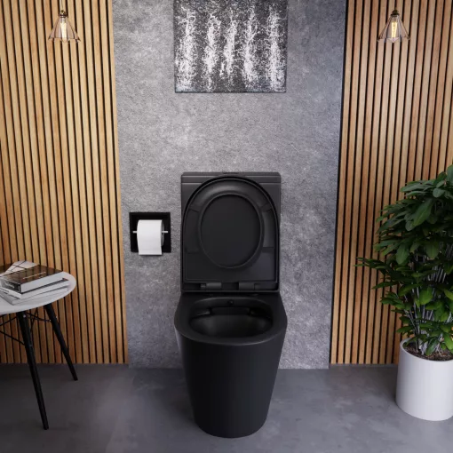 HD Echo Matt Black perem nélküli mély öblítésű íves monoblokkos WC alsó kifolyású, bidé funkcióval, compact "A" tetővel és matt fekete kiegészítőkkel + tartály
