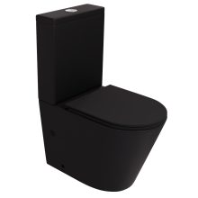 HD Dream Matt Black perem nélküli mély öblítésű íves fekete monoblokkos WC hátsó kifolyású slim "A" tetővel és fényes króm kiegészítőkkel + tartály