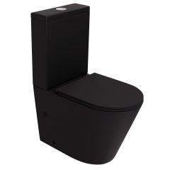   HD Dream Matt Black perem nélküli mély öblítésű íves fekete monoblokkos WC hátsó kifolyású slim "A" tetővel és fényes króm kiegészítőkkel + tartály