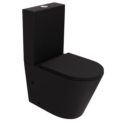 HD Dream Matt Black perem nélküli mély öblítésű íves fekete monoblokkos WC hátsó kifolyású slim "A" tetővel és fényes króm kiegészítőkkel + tartály