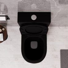 HD Dream Matt Black perem nélküli mély öblítésű íves fekete monoblokkos WC hátsó kifolyású slim "A" tetővel és fényes króm kiegészítőkkel + tartály