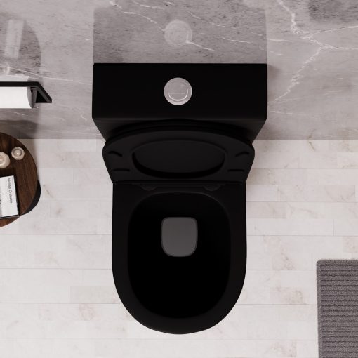 HD Dream Matt Black perem nélküli mély öblítésű íves fekete monoblokkos WC hátsó kifolyású slim "A" tetővel és fényes króm kiegészítőkkel + tartály