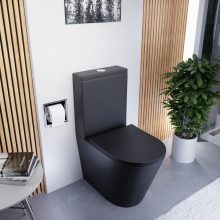 HD Dream Matt Black perem nélküli mély öblítésű íves fekete monoblokkos WC alsó kifolyású slim "A" tetővel és fényes króm kiegészítőkkel + tartály