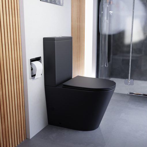 HD Dream Matt Black perem nélküli mély öblítésű íves fekete monoblokkos WC alsó kifolyású slim "A" tetővel és fényes króm kiegészítőkkel + tartály