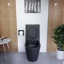 HD Dream Matt Black perem nélküli mély öblítésű íves fekete monoblokkos WC alsó kifolyású slim "A" tetővel és fényes króm kiegészítőkkel + tartály