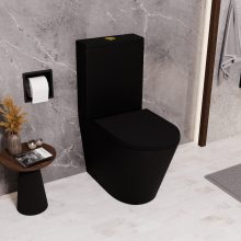 HD Dream Matt Black perem nélküli mély öblítésű íves fekete monoblokkos WC hátsó kifolyású slim "A" tetővel és fényes arany kiegészítőkkel + tartály
