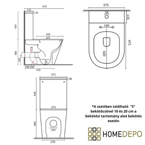 HD Dream Matt Black perem nélküli mély öblítésű íves fekete monoblokkos WC hátsó kifolyású slim "A" tetővel és fényes arany kiegészítőkkel + tartály