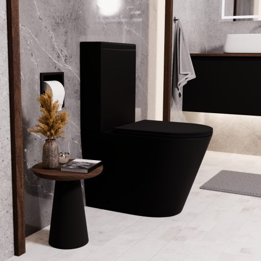 HD Dream Matt Black perem nélküli mély öblítésű íves fekete monoblokkos WC alsó kifolyású slim "A" tetővel és fényes arany kiegészítőkkel + tartály