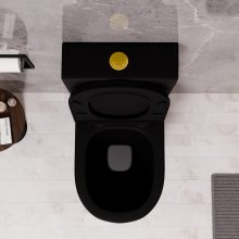 HD Dream Matt Black perem nélküli mély öblítésű íves fekete monoblokkos WC alsó kifolyású slim "A" tetővel és fényes arany kiegészítőkkel + tartály