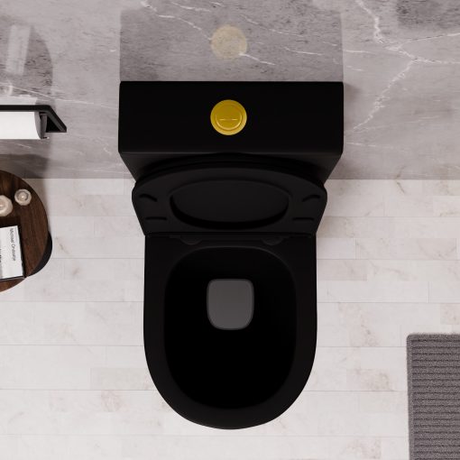 HD Dream Matt Black perem nélküli mély öblítésű íves fekete monoblokkos WC alsó kifolyású slim "A" tetővel és fényes arany kiegészítőkkel + tartály