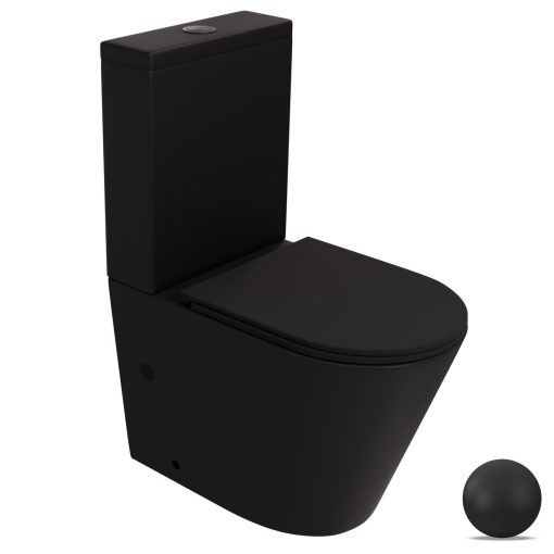 HD Dream Matt Black perem nélküli mély öblítésű íves fekete monoblokkos WC hátsó kifolyású slim "A" tetővel és matt fekete kiegészítőkkel + tartály