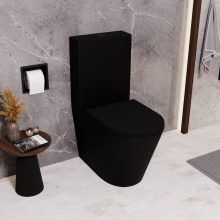 HD Dream Matt Black perem nélküli mély öblítésű íves fekete monoblokkos WC hátsó kifolyású slim "A" tetővel és matt fekete kiegészítőkkel + tartály