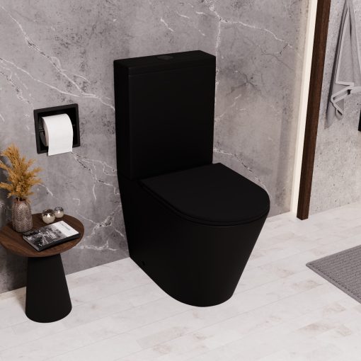 HD Dream Matt Black perem nélküli mély öblítésű íves fekete monoblokkos WC hátsó kifolyású slim "A" tetővel és matt fekete kiegészítőkkel + tartály