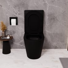 HD Dream Matt Black perem nélküli mély öblítésű íves fekete monoblokkos WC hátsó kifolyású slim "A" tetővel és matt fekete kiegészítőkkel + tartály