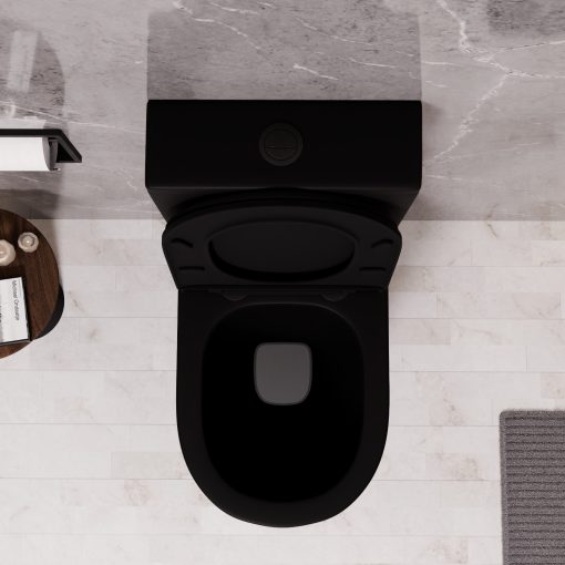 HD Dream Matt Black perem nélküli mély öblítésű íves fekete monoblokkos WC hátsó kifolyású slim "A" tetővel és matt fekete kiegészítőkkel + tartály