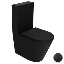 HD Dream Matt Black perem nélküli mély öblítésű íves fekete monoblokkos WC alsó kifolyású slim "A" tetővel és matt fekete kiegészítőkkel + tartály