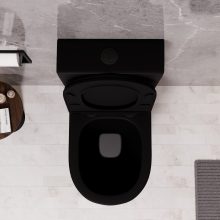 HD Dream Matt Black perem nélküli mély öblítésű íves fekete monoblokkos WC alsó kifolyású slim "A" tetővel és matt fekete kiegészítőkkel + tartály