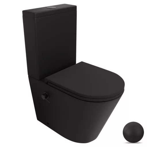 HD Echo Matt Black perem nélküli mély öblítésű íves monoblokkos WC hátsó kifolyású, bidé funkcióval, slim "A" tetővel és matt fekete kiegészítőkkel + tartály