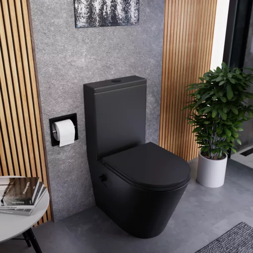 HD Echo Matt Black perem nélküli mély öblítésű íves monoblokkos WC hátsó kifolyású, bidé funkcióval, slim "A" tetővel és matt fekete kiegészítőkkel + tartály