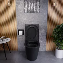 HD Echo Matt Black perem nélküli mély öblítésű íves monoblokkos WC alsó kifolyású, bidé funkcióval, slim "A" tetővel és matt fekete kiegészítőkkel + tartály