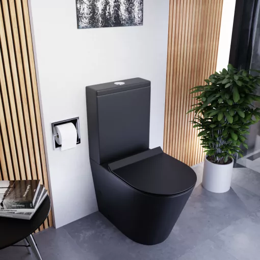 HD Dream Matt Black perem nélküli mély öblítésű íves fekete monoblokkos WC alsó kifolyású slim "F" tetővel és fényes króm kiegészítőkkel + tartály