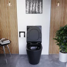 HD Dream Matt Black perem nélküli mély öblítésű íves fekete monoblokkos WC alsó kifolyású slim "F" tetővel és fényes króm kiegészítőkkel + tartály