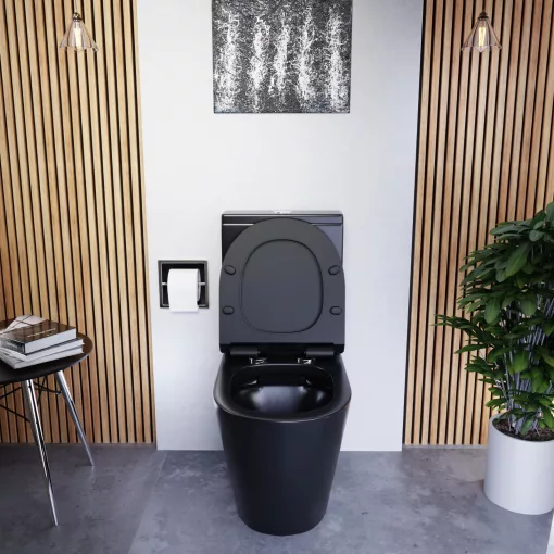 HD Dream Matt Black perem nélküli mély öblítésű íves fekete monoblokkos WC alsó kifolyású slim "F" tetővel és fényes króm kiegészítőkkel + tartály