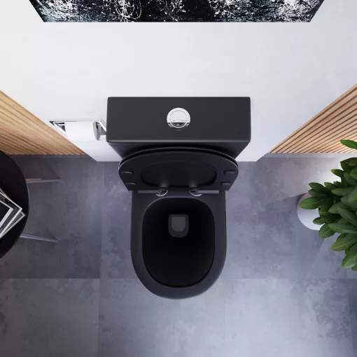 HD Dream Matt Black perem nélküli mély öblítésű íves fekete monoblokkos WC alsó kifolyású slim "F" tetővel és fényes króm kiegészítőkkel + tartály