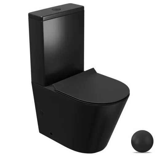 HD Dream Matt Black perem nélküli mély öblítésű íves fekete monoblokkos WC hátsó kifolyású slim "F" tetővel és matt fekete kiegészítőkkel + tartály